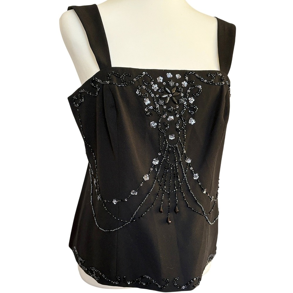 Vtg NYE Holiday Hollywood Glam Black Beaded Embellished Square Neck Top Party